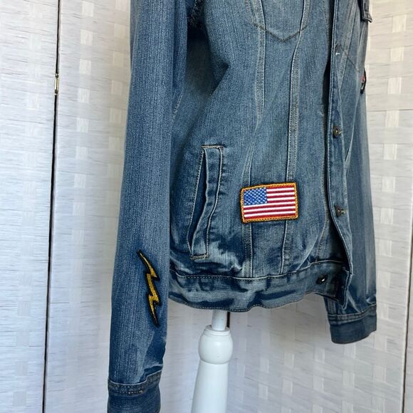 MENS RING OF FIRE PATCHED DISTRESSED DENIM JEAN JACKET SIZE L - Picture 3 of 12